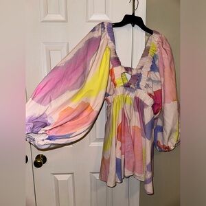 Worn Once- ASOS structured batwing balloon sleeve mini dress in abstract print